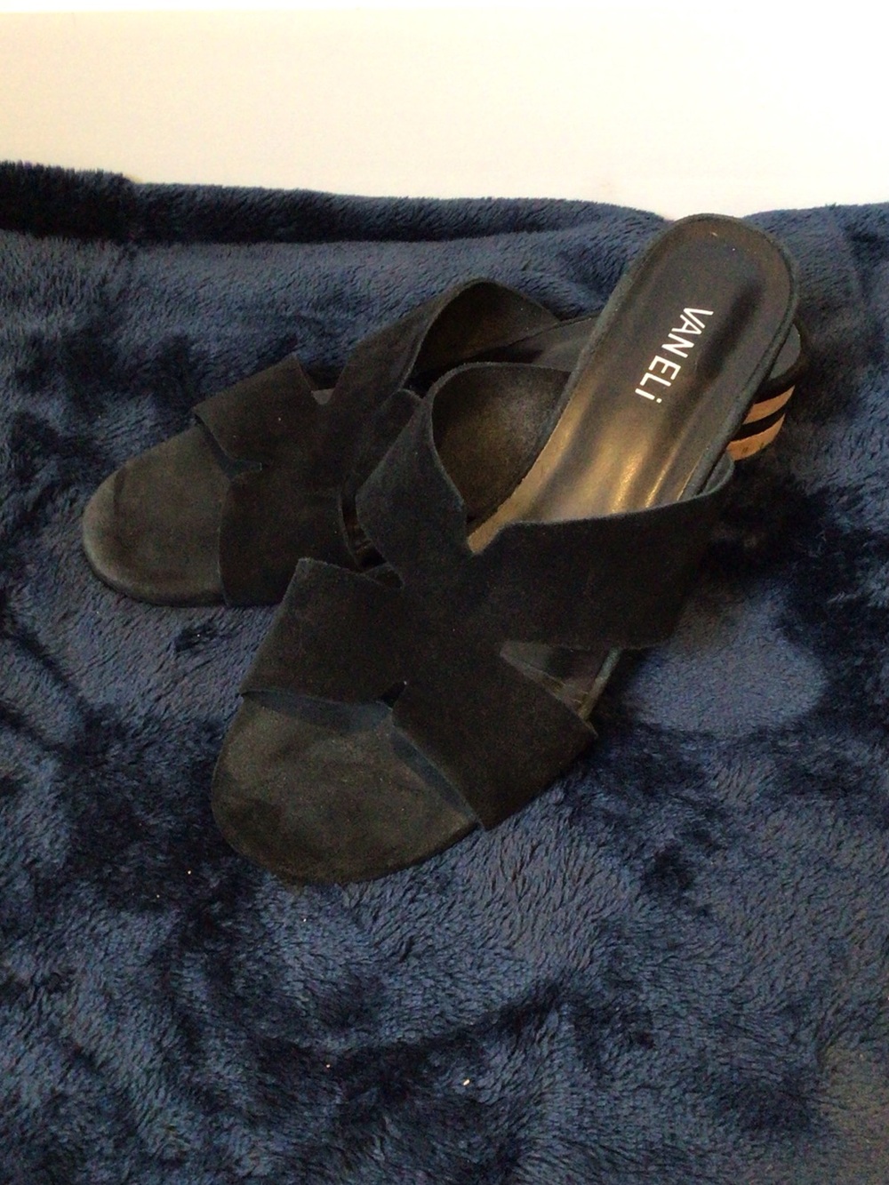 Vaneli Black Suede Crossover Slide Mules with Stacked Accent Heel